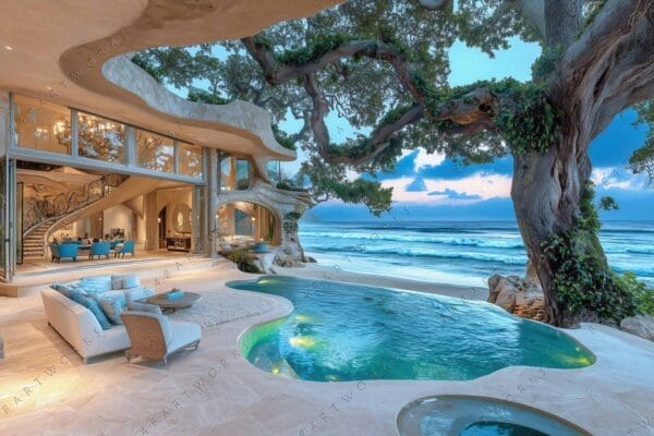 "Digital artwork of a modern seaside villa with pool and large trees, blue tones."