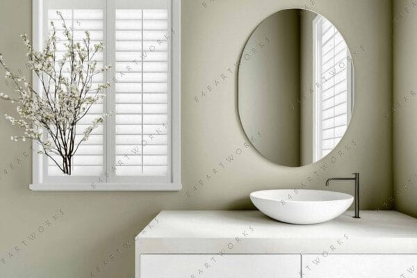 "Minimalist photo of a modern bathroom with round mirror and white vessel sink."