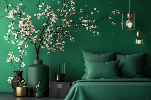 "Modern bedroom with green decor, cherry blossom branches, and pendant lights."