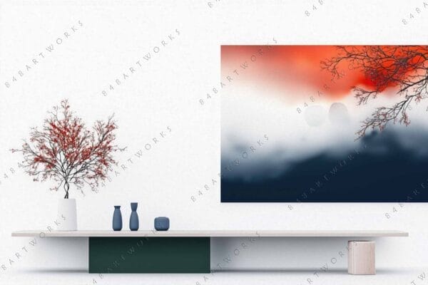 Modern room with minimalist art print in sunrise colors above a low shelf.