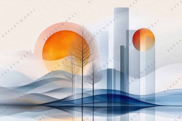 "Abstract digital painting of silhouettes, skyscrapers, and orange circles in blue and orange hues."