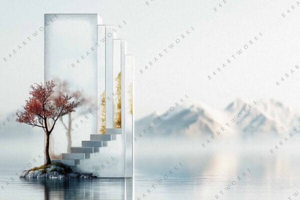 "Surreal digital art of mirrored stairs, red tree, and distant snowy mountains."