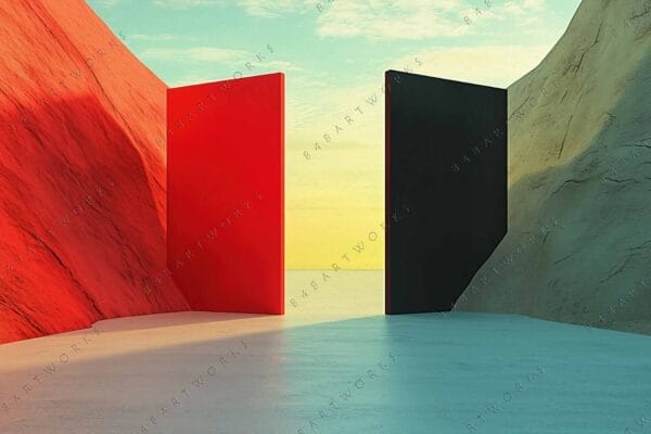 Surreal digital art with red and black minimalist panels between rocky landscapes.