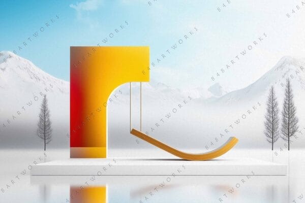 "Digital art of yellow-red abstract sculpture in snowy mountain landscape with clear blue sky."
