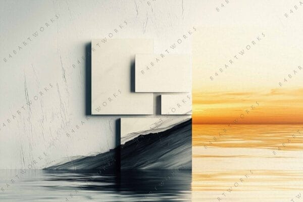 "Abstract digital art with overlapping geometric shapes in monochrome and orange sunset tones."