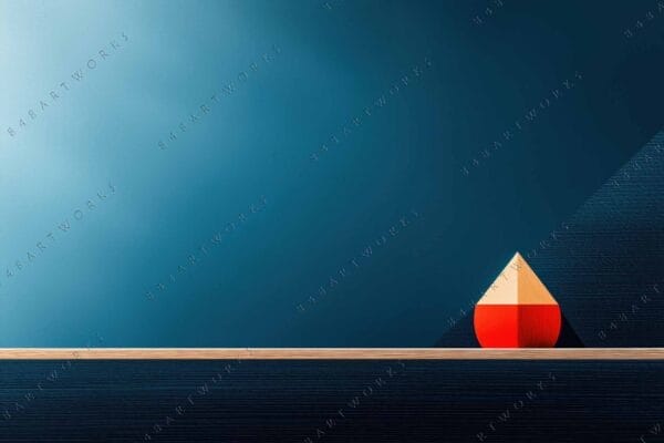 "Minimalist digital art featuring red geometric shape on a blue textured background."