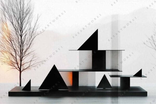 "Abstract digital art of geometric structures and bare tree, black and gray with orange accent."