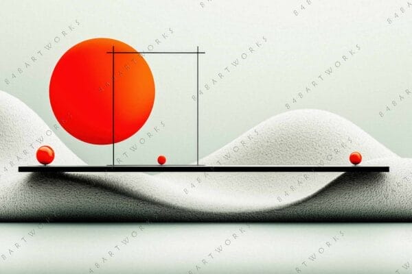 "Abstract digital art with red spheres on textured white landscape, minimalistic style."