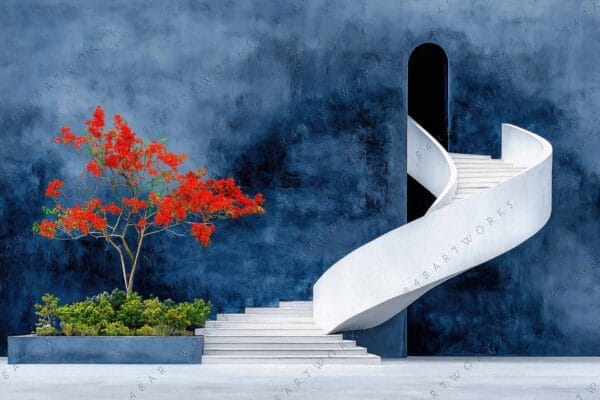 Digital artwork of a white spiral staircase and red-flowered tree against dark blue wall.