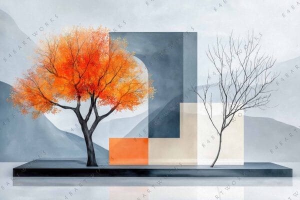 "Digital art of vibrant orange tree beside bare tree with geometric shapes, gray background."