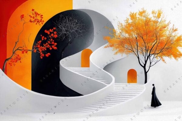 "Surreal digital painting of curved white stairs with vibrant orange and red-leafed trees."