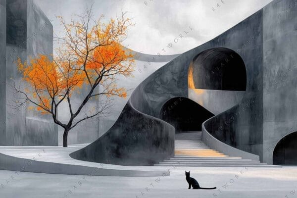 Digital artwork of a black cat near abstract architecture, orange tree, gray background.