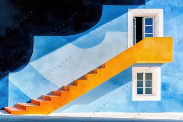 "Digital artwork of a bright orange staircase against a blue geometric wall."