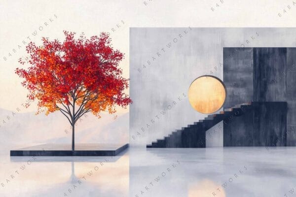 "Digital art of red-orange tree and minimalist gray architecture with circular opening."