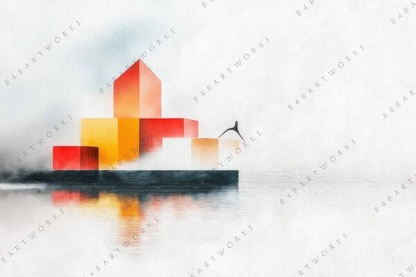"Digital painting of abstract geometric buildings in red, orange, and yellow with reflection."