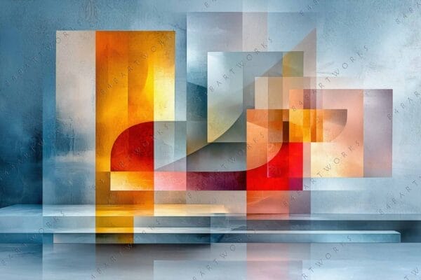 "Abstract digital art with geometric shapes in orange, red, and blue-gray tones."