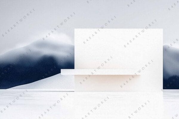 Minimalist digital artwork of a white structure with misty mountains in gray tones.