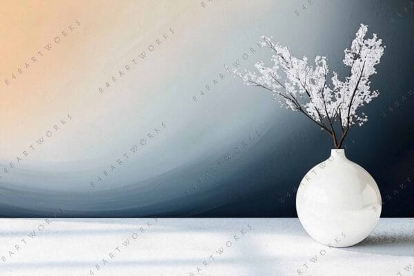 Digital art of white flowers in round vase on gradient blue and beige background.