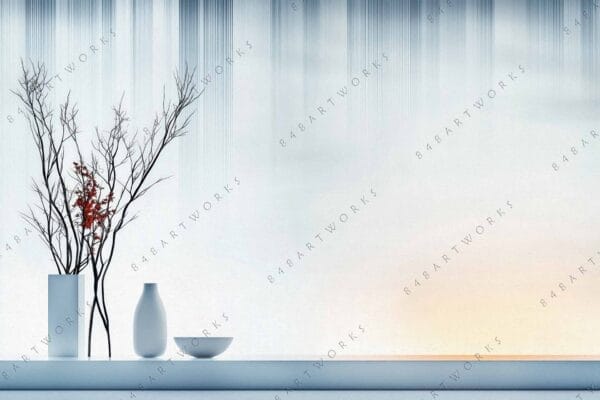 "Minimalist digital art of vases on a ledge, with branches and red leaves."