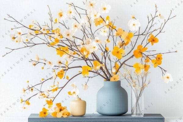 "Digital painting of orange and white flowers in blue and beige vases."