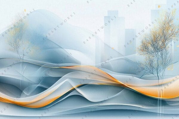 "Abstract digital art of sweeping blue and orange waves with delicate trees."