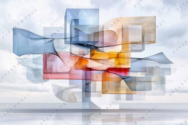"Abstract digital art of geometric shapes with blue, red, and orange tones."