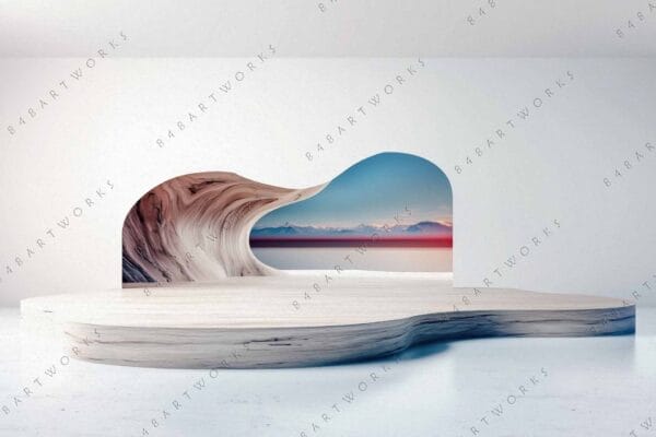 "Surreal digital artwork with abstract wooden wave and distant mountain landscape in pastel colors."