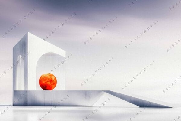 "Surreal digital artwork of white archway with suspended orange sphere against cloudy sky."