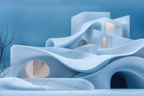 Surreal digital painting of a futuristic building with flowing blue and white curves.