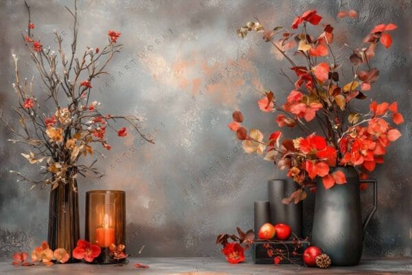 Digital still life of autumnal branches in vases with red and orange leaves.