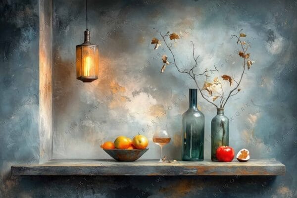 "Moody still life painting with fruit bowl, bottles, and branches on a wooden shelf."
