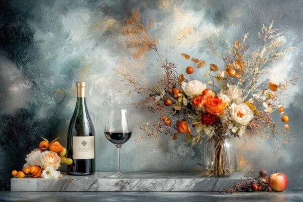 "Oil painting of wine bottle, glass, and autumn flowers on marble surface."