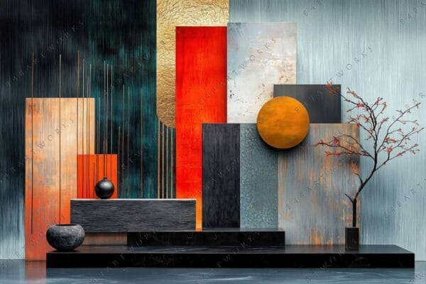 "Abstract digital artwork with geometric shapes, orange and black accents, textured background."