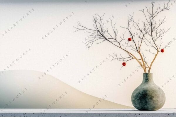 "Digital art of a vase with bare branches and small red berries."