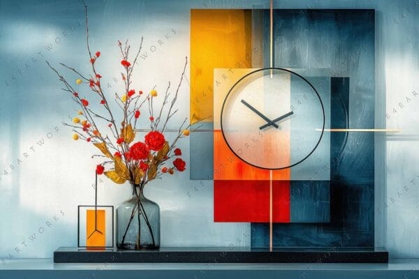 Digital art of abstract clock on colorful geometric background with a floral vase.