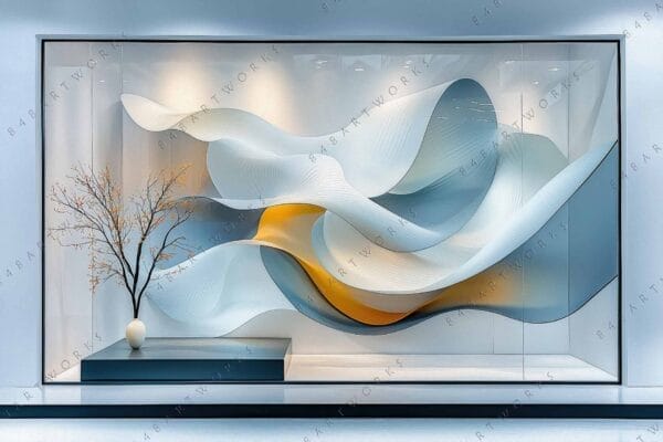 "Contemporary art display with abstract blue and gold waves and a minimalist tree sculpture."