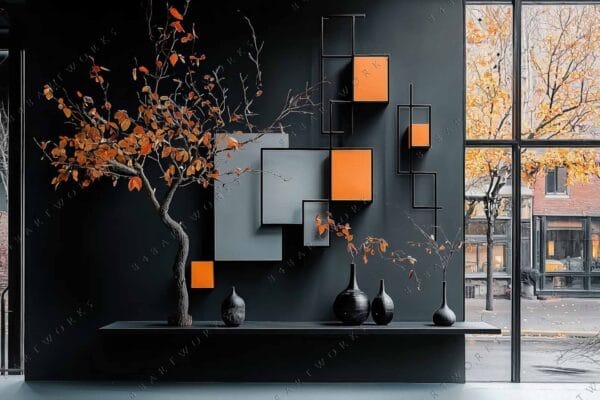 "Modern interior with geometric wall art, autumn leaves, and black vases by a window."