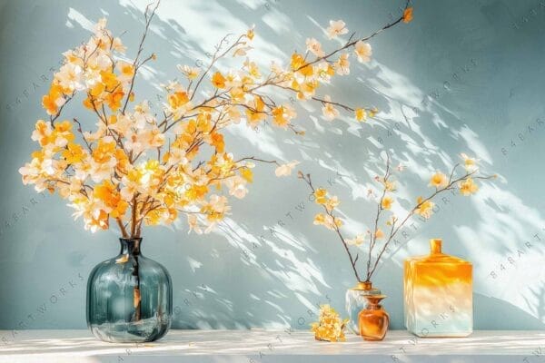 Still life digital painting of vases with yellow and white flowers on blue background.