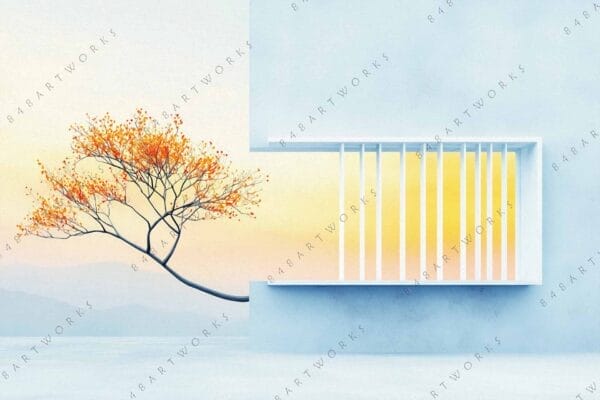 Minimalist digital painting of abstract tree and window in soft blue and orange tones.