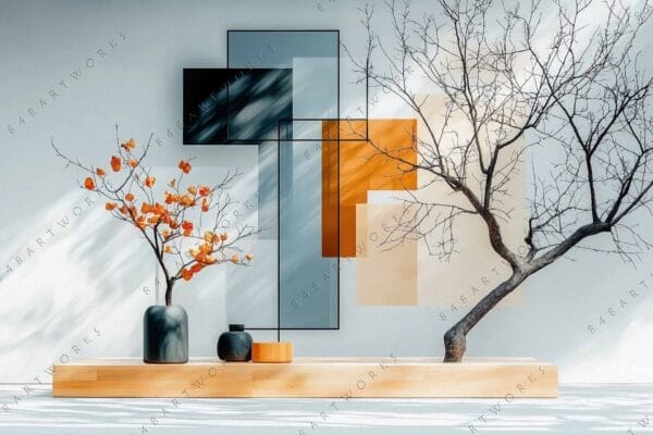 "Digital art of geometric shapes and vases with orange flowers, in gray and orange tones."