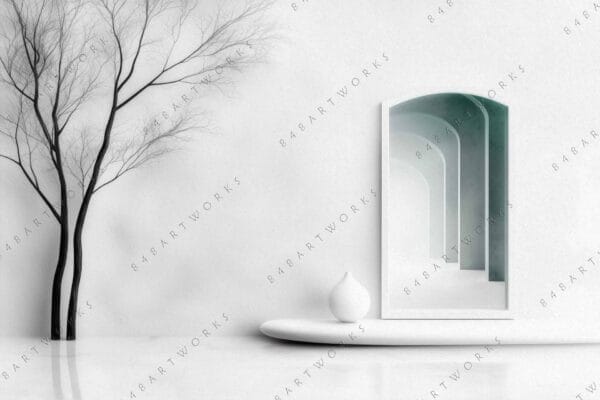 Minimalist digital art of bare tree, archway, and gray-green abstract reflection.