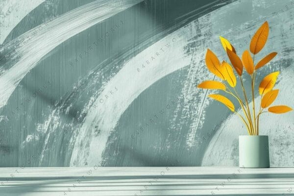"Digital art of yellow leaves in a pot against a teal abstract background."