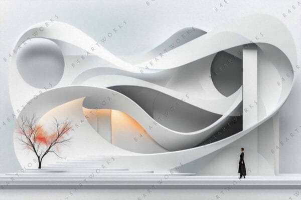 "Surreal digital art of abstract architecture with a lone figure and colorful tree."