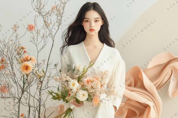 "Digital art of a woman in white with peach floral arrangement and flowing fabric."