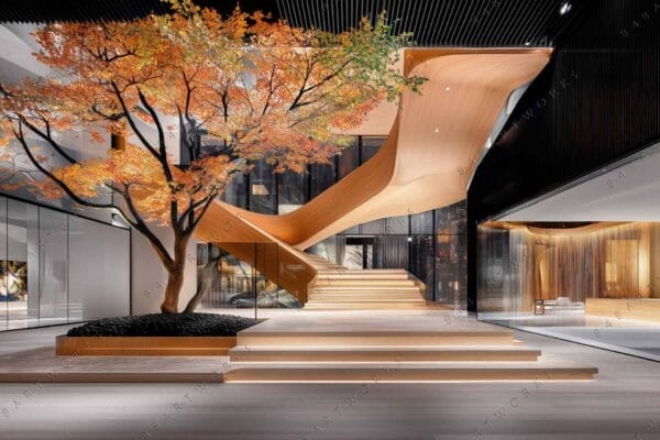 Modern interior with a curved wooden staircase, autumn tree, and glass walls.