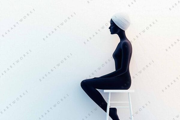 "Minimalist digital art of a silhouetted figure seated on a stool against white backdrop."