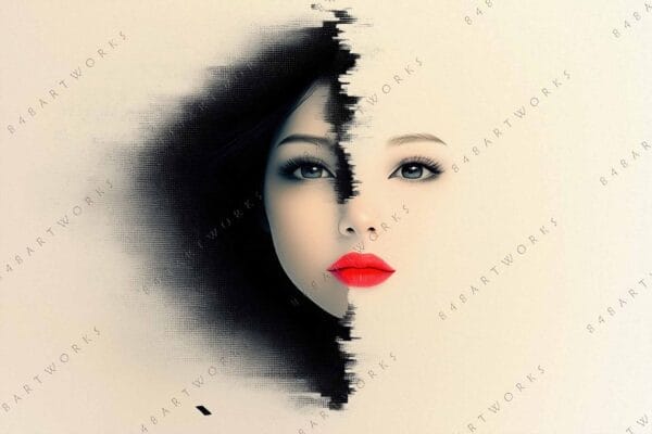 "Digital art portrait of a woman's face, half pixelated, with red lips on beige background."