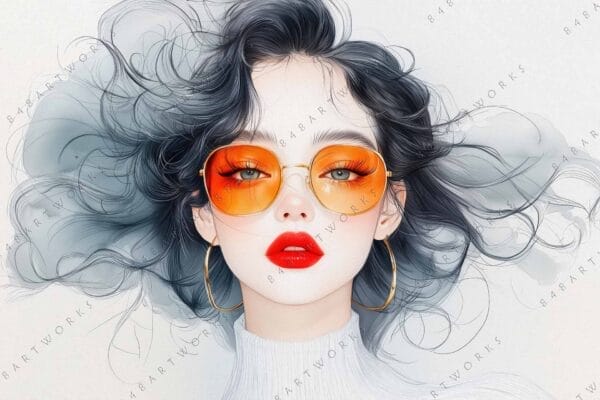 Digital art of a person with wavy hair, orange sunglasses, and red lips.