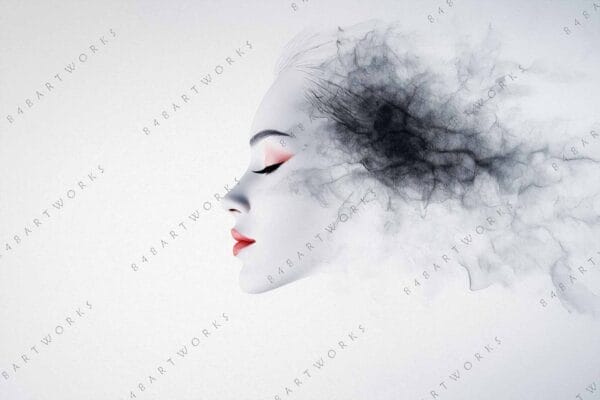 Digital art of a woman's profile with smoke-like hair in grayscale.