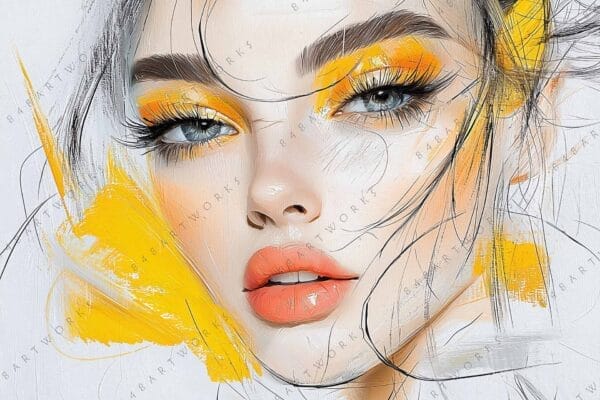 "Digital painting of a woman with bold yellow eyeshadow, orange lips, textured brushstrokes."